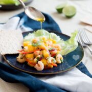 Shrimp mango ceviche plate drizzled with olive oil