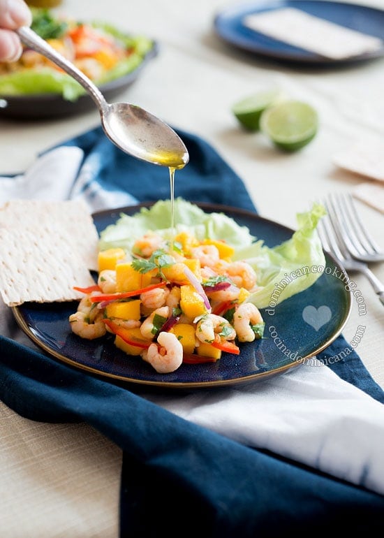 Shrimp mango ceviche plate drizzled with olive oil