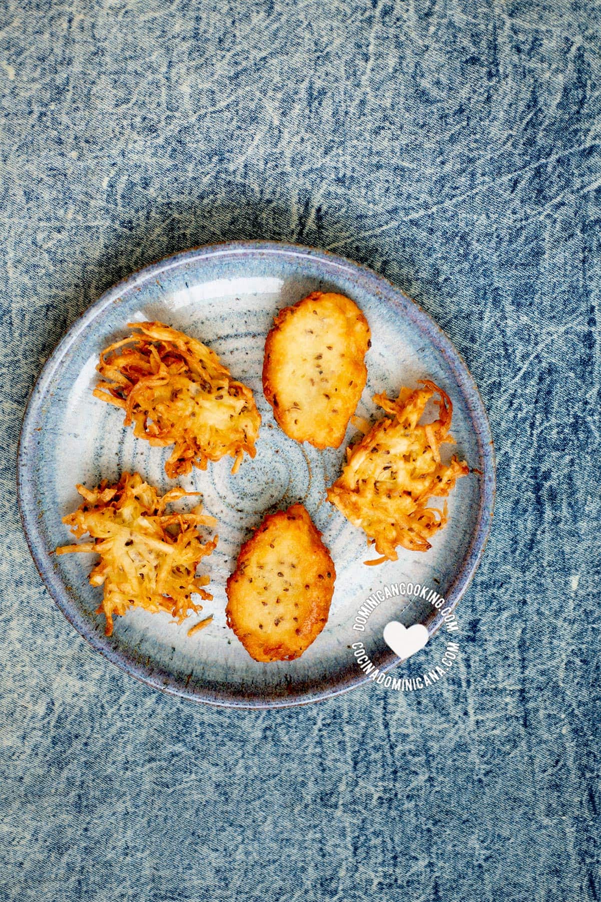 Plate with Arañitas and Arepitas de Yuca (Cassava Fritters)