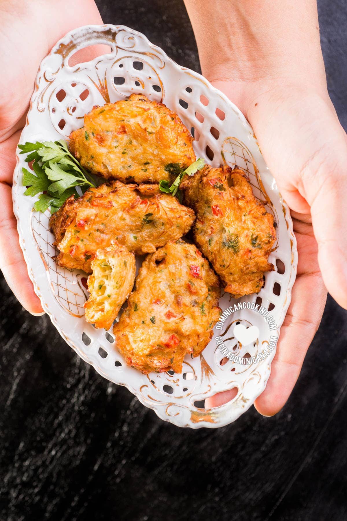 Plate with bacalaitos fritos (codfish saltfish fritters)