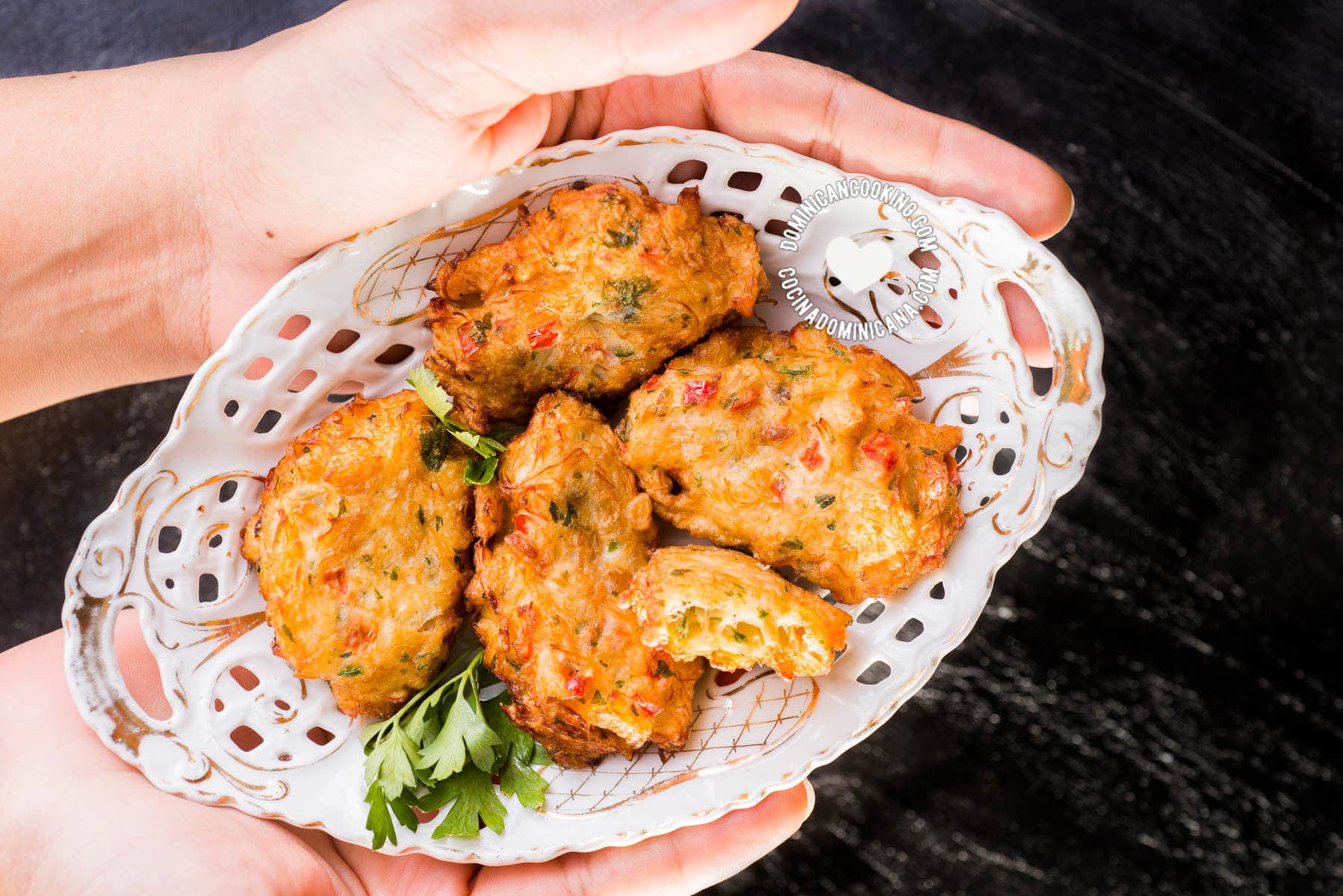 Plate with bacalaitos fritos (codfish saltfish fritters)