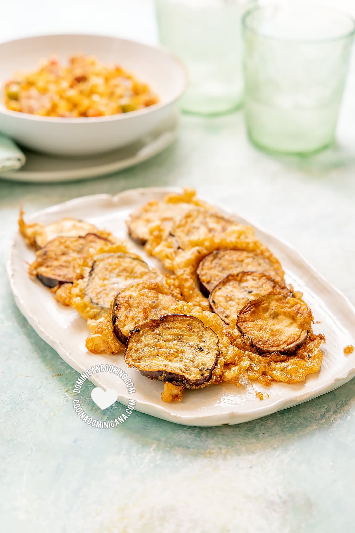 Torrejas de Berenjenas (Fried Eggplants) Served with Rice