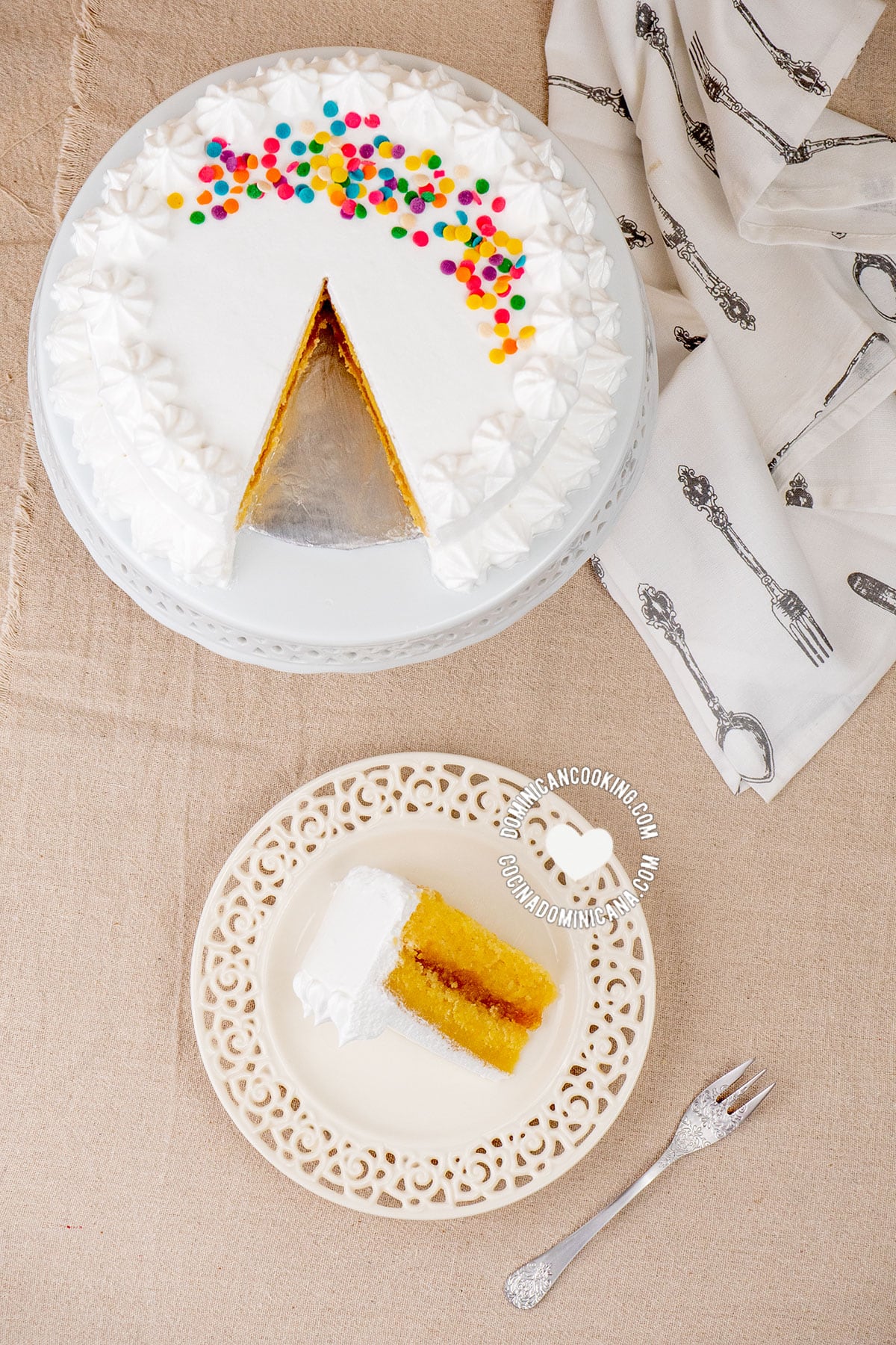 Bizcocho Dominicano (Dominican Cake) with cut slice