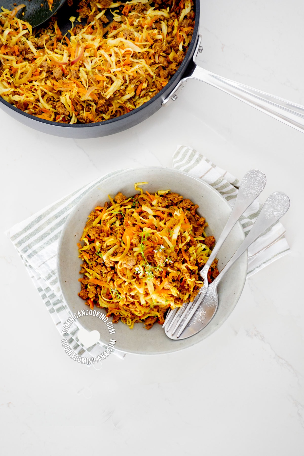 Pan and bowl of Cabbage and Minced Meat