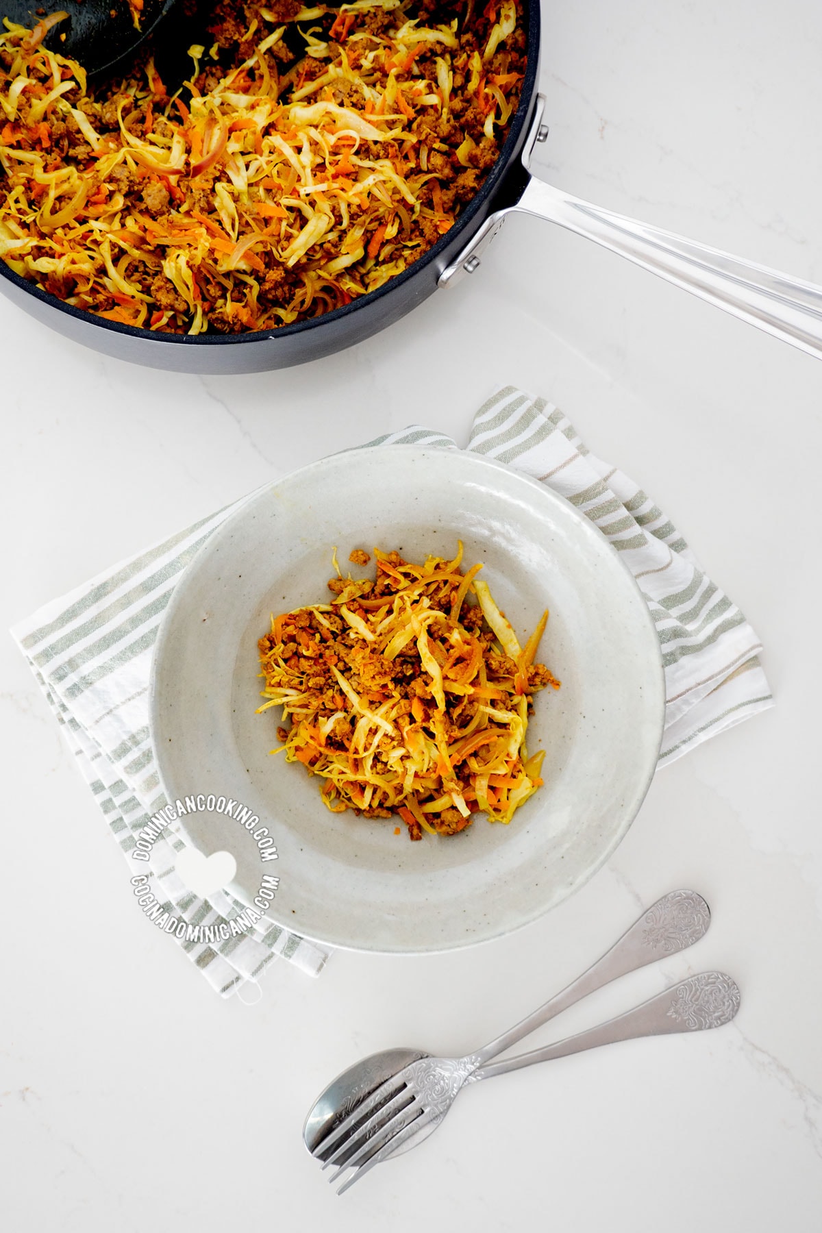 Pan and bowl of Cabbage and Minced Meat