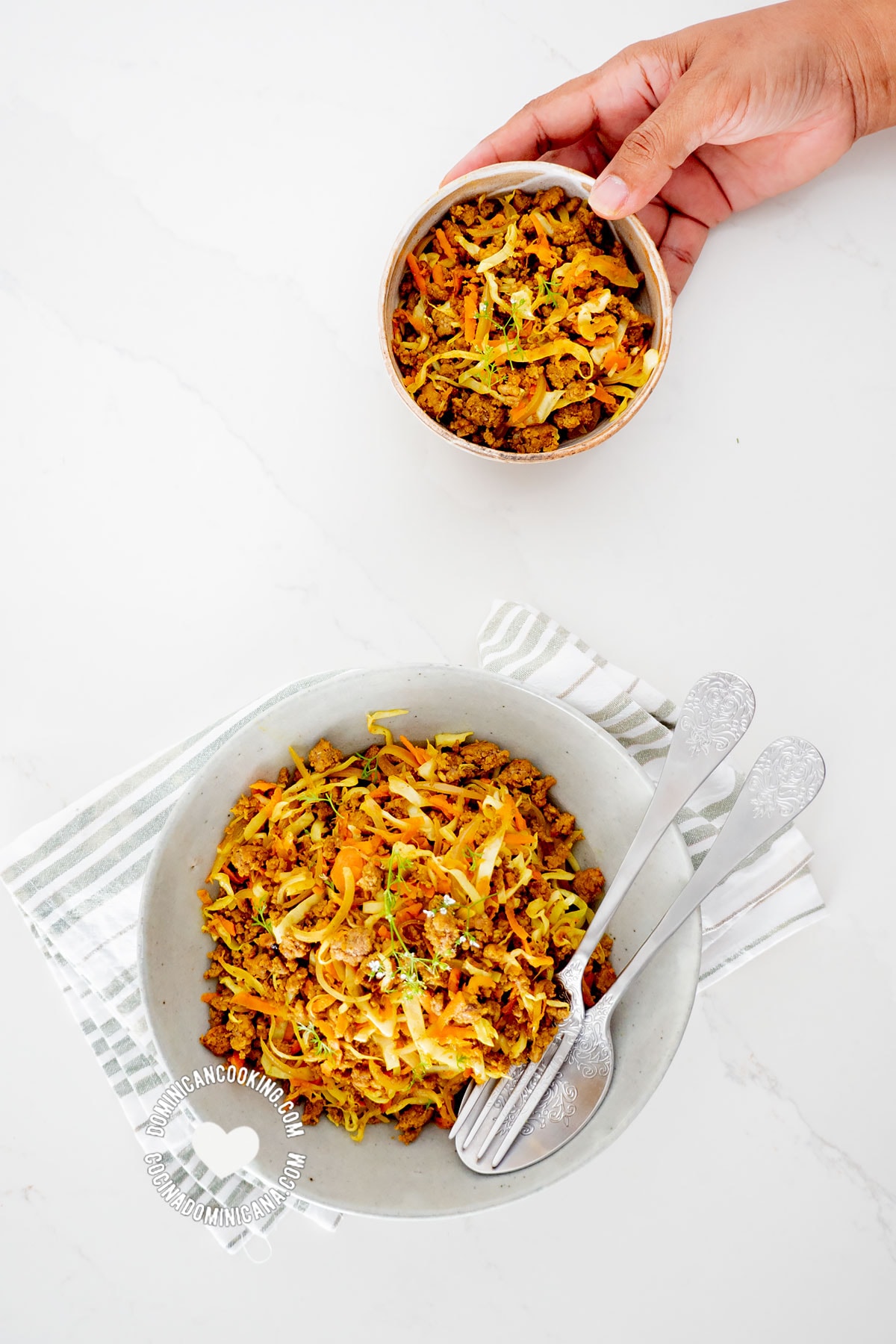 Hand holding bowl of Cabbage and Minced Meat