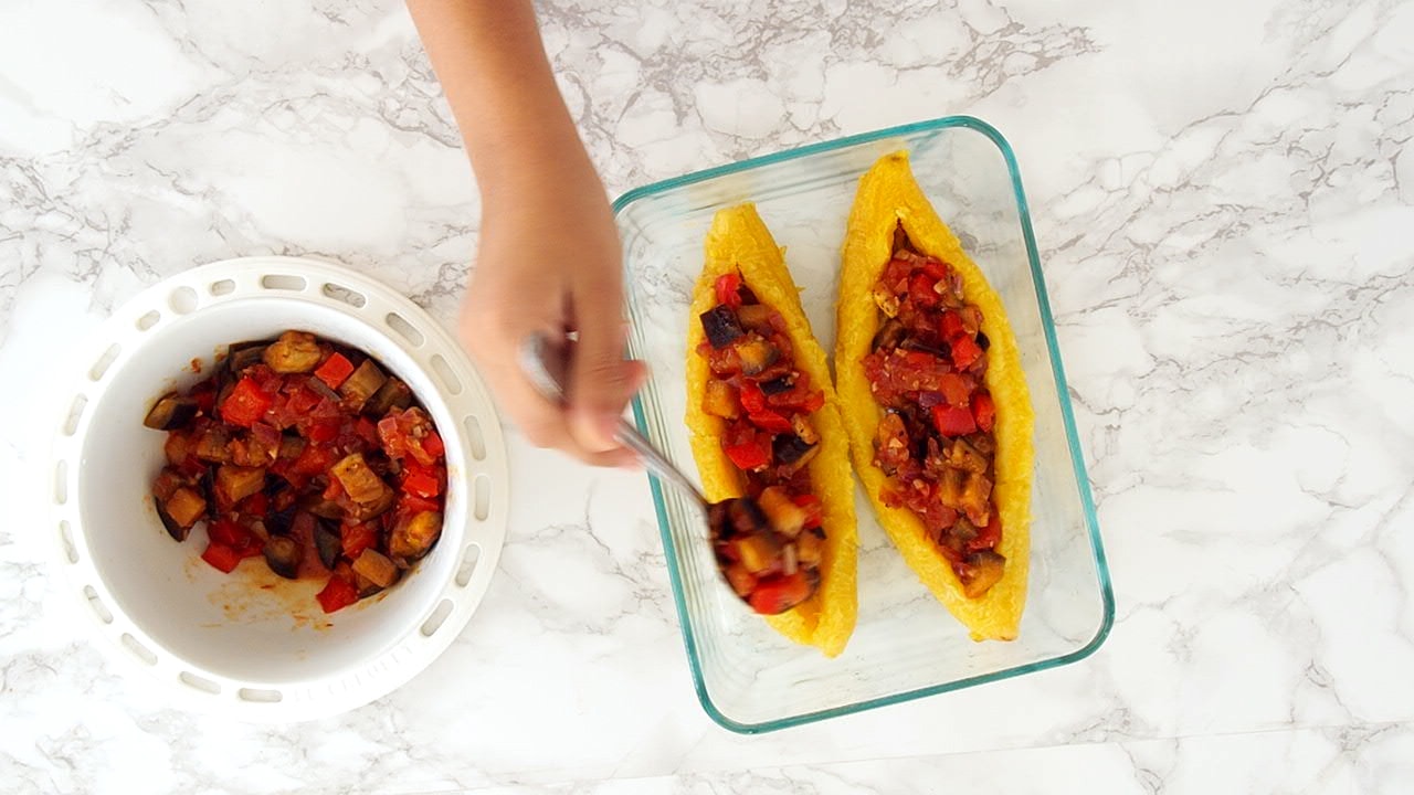 Stuffing the plantains