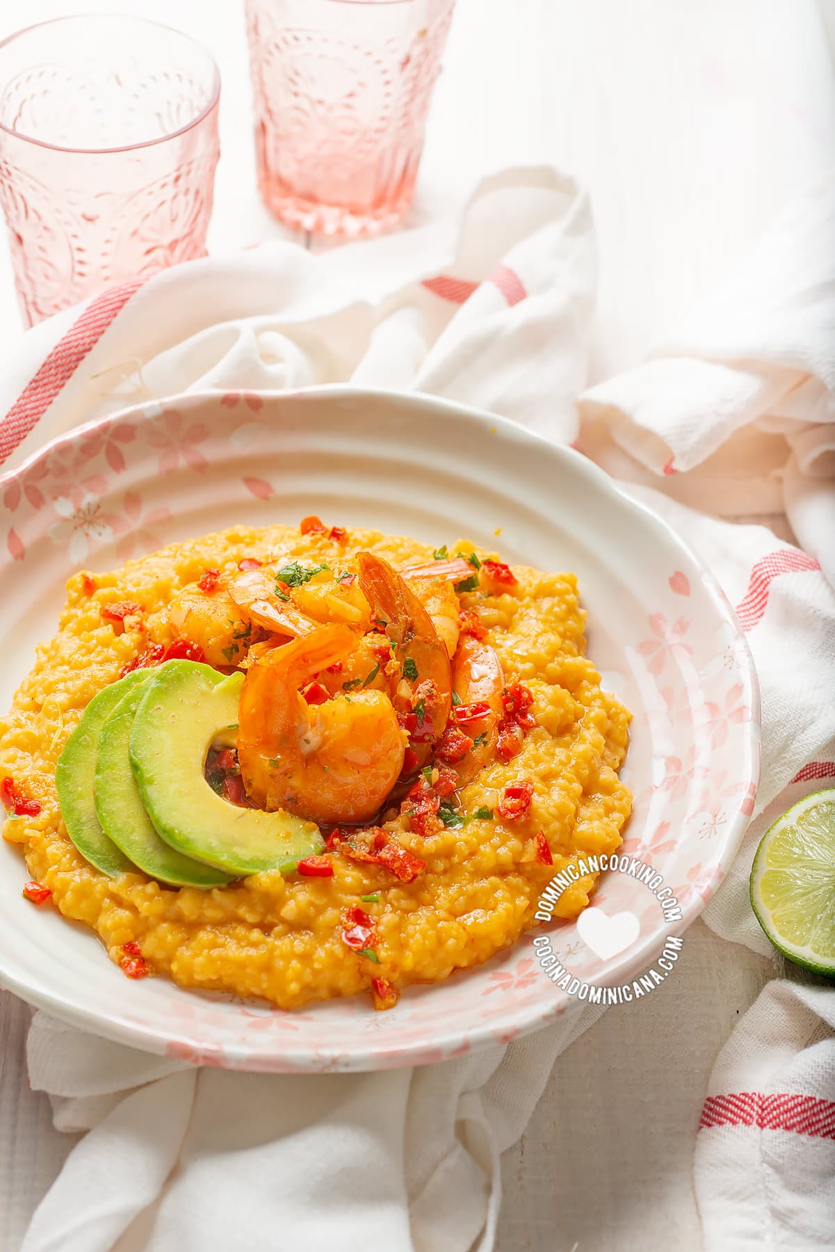 Chenchén (Cracked Corn Pilaf with Spicy Shrimp and Avocado)