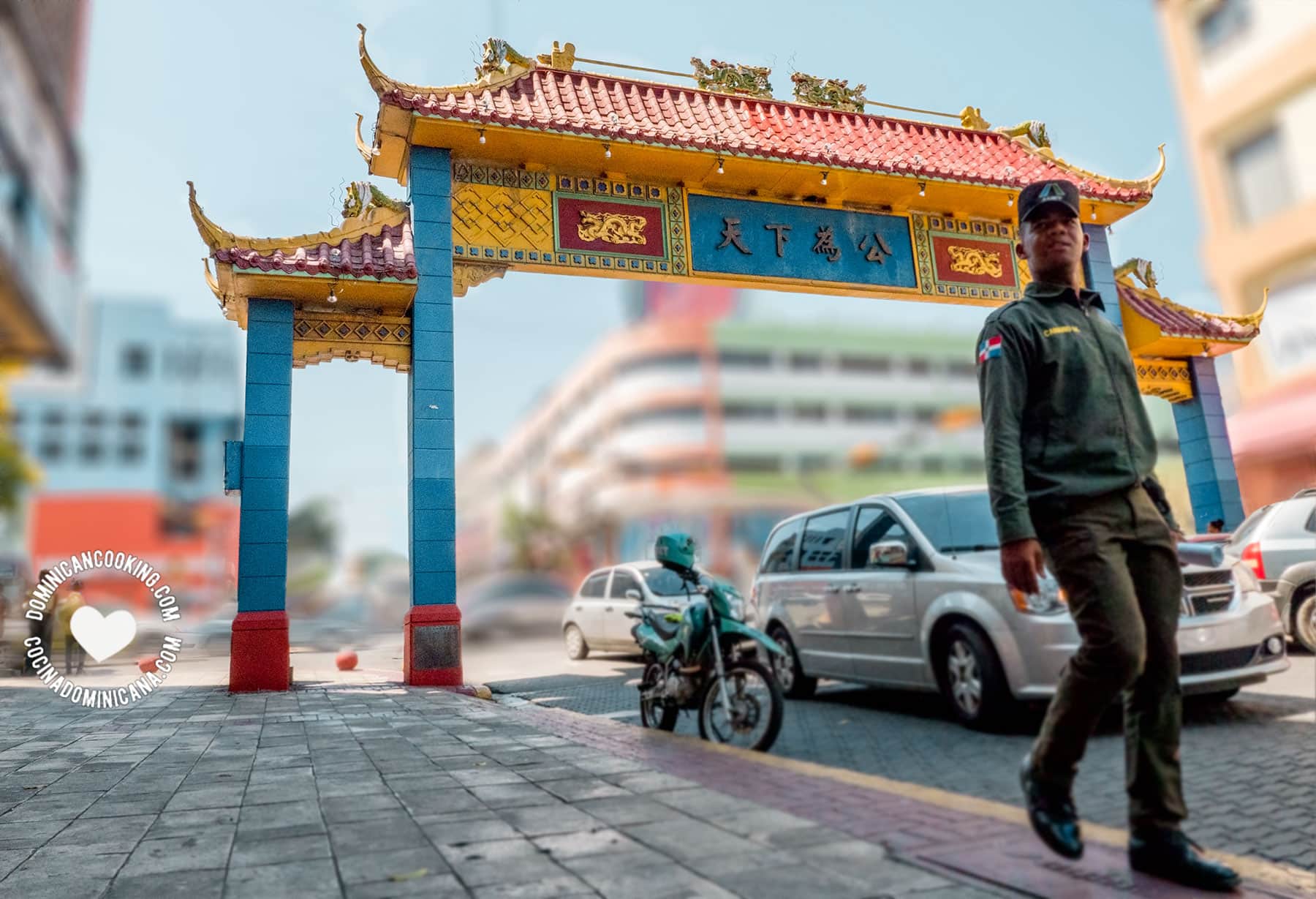 Dominican traffic policeman in front of Santo Domingo Chinatown