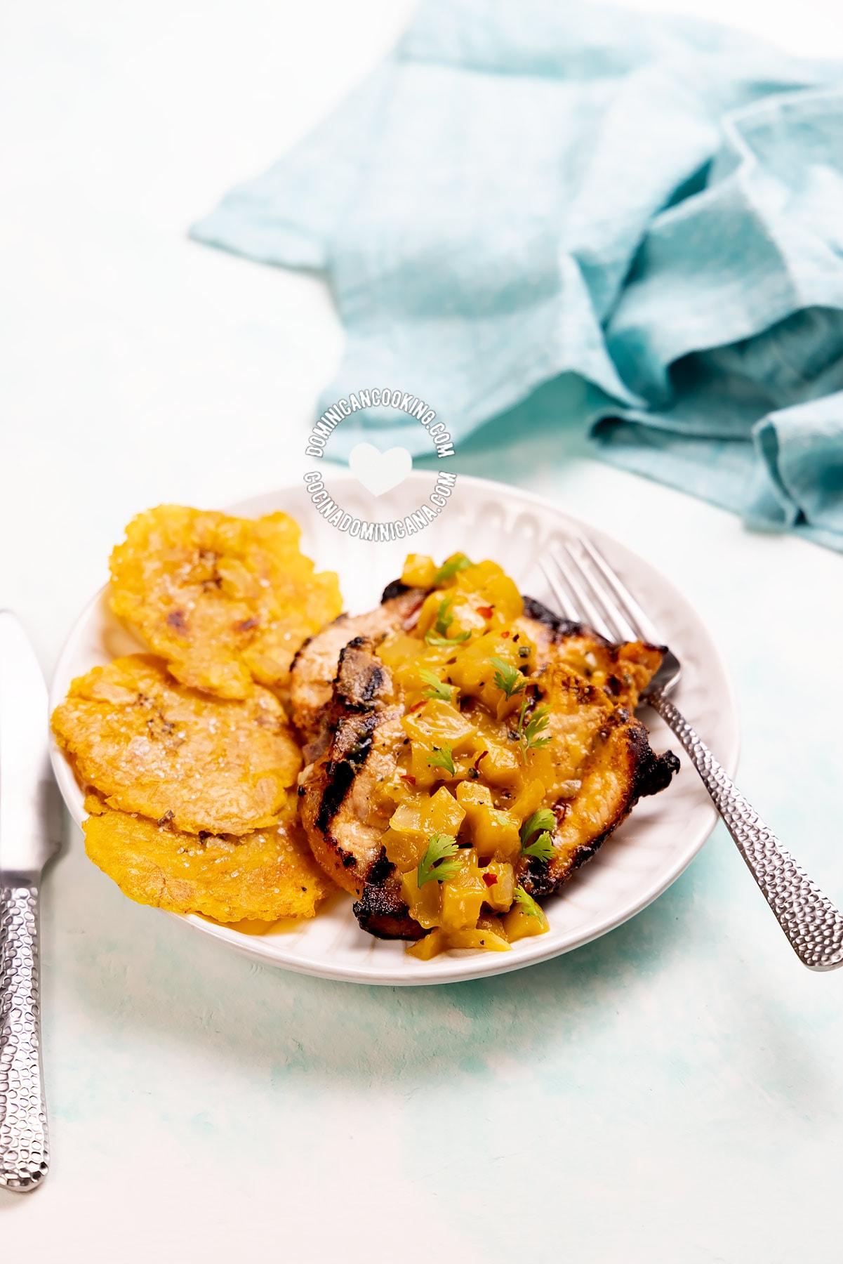 Pork Chops with Green Mango Salsa and Tostones