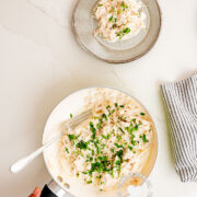 Creamy Chicken in handheld pan and on plate