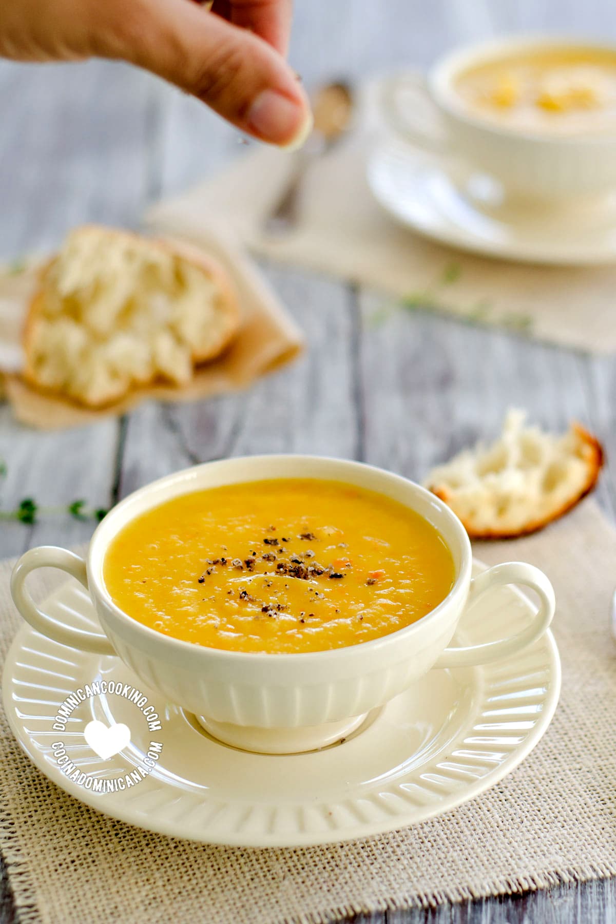 Bowl of Cream of Arracacha and Ginger Soup (Cepa de Apio) served with Bread