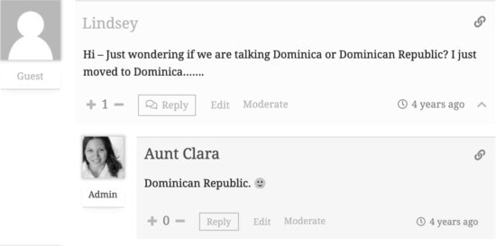 Screenshot text conversation. - Question: "Hi. Just wondering if we are talking about Dominica or Dominican Republic? I just moved to Dominica..." Reply: "Dominican Republic (smiling emoji)".