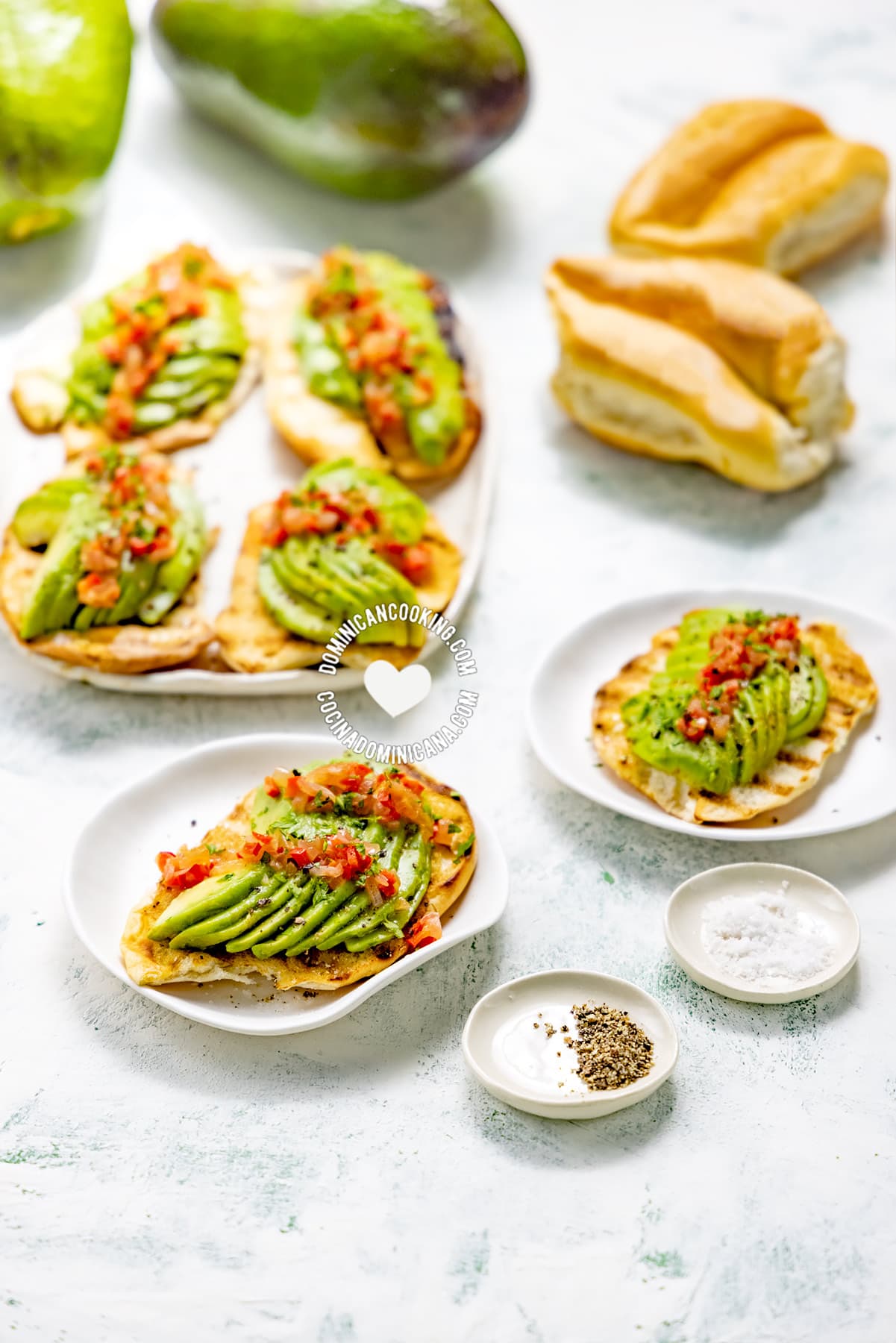 Pan con aguacate, avocado and pan de agua in the background