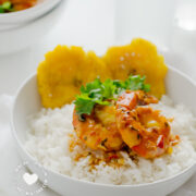 Shrimp with Coconut and Ginger Sauce on Rice and Tostones