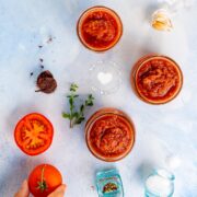 Tomato sauce jars and ingredients