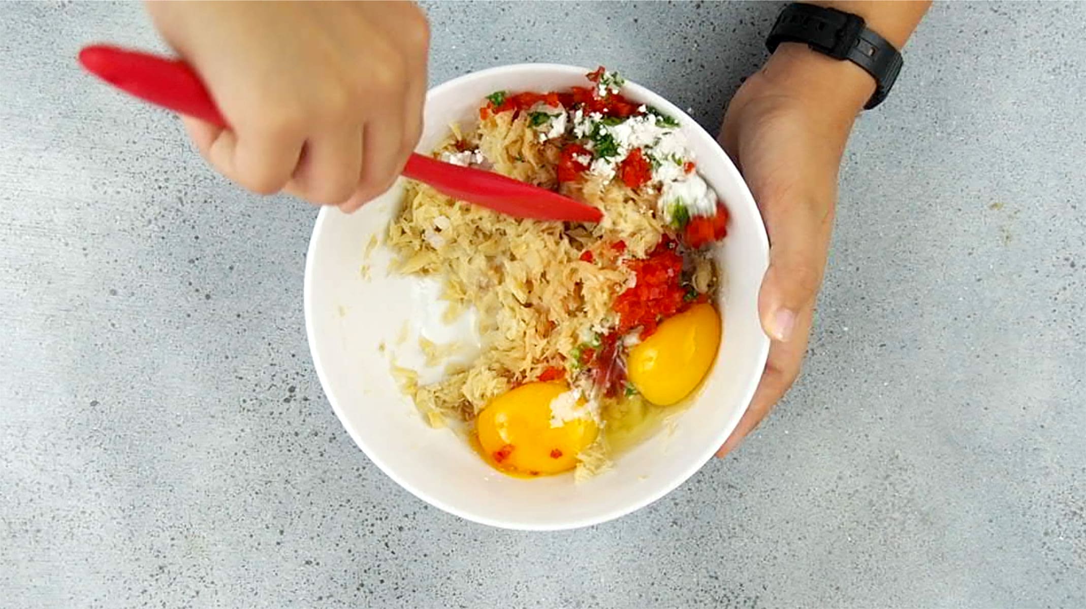 Mixing ingredients for bacalaito