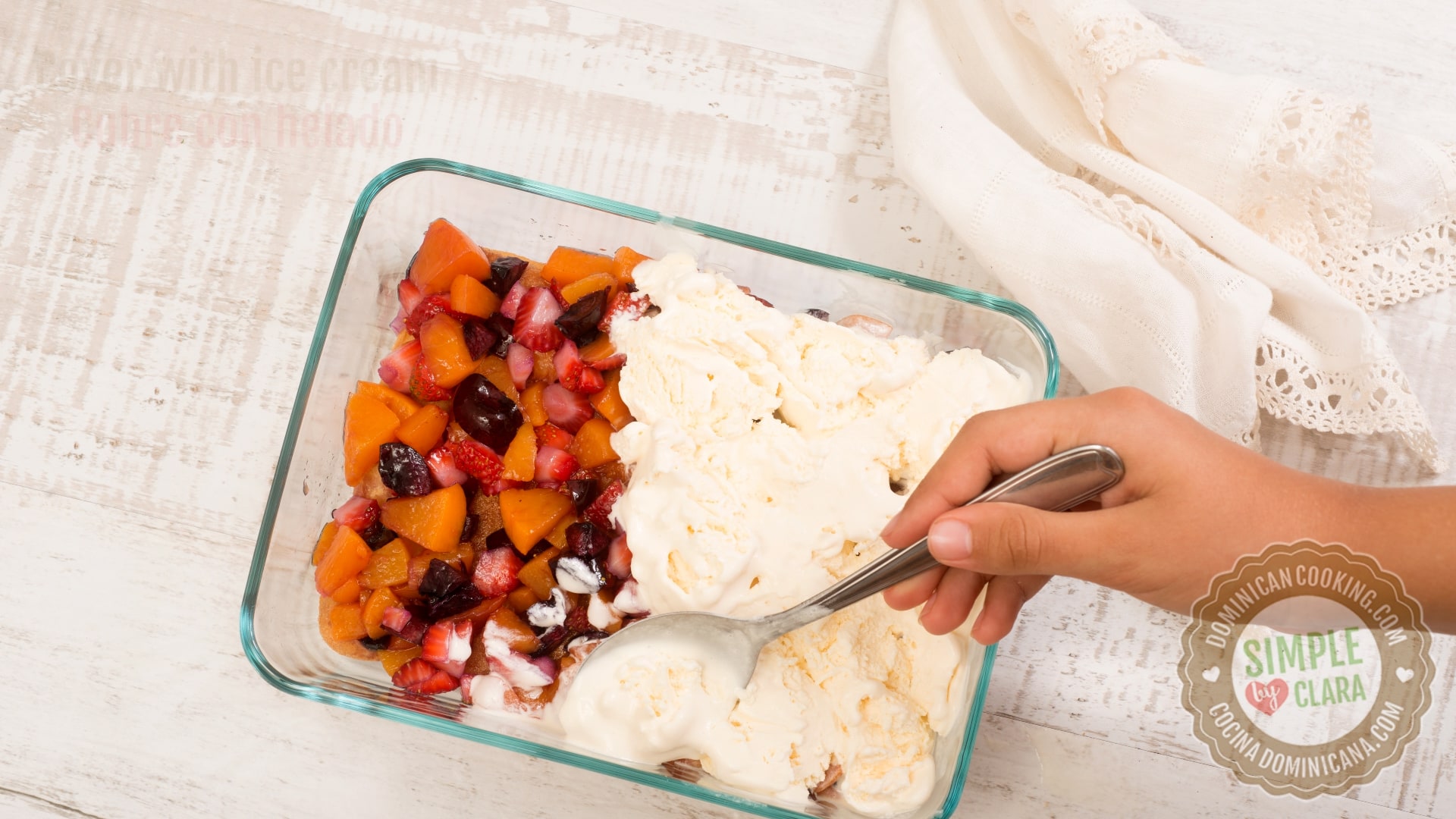 Layering ice cream over fruit