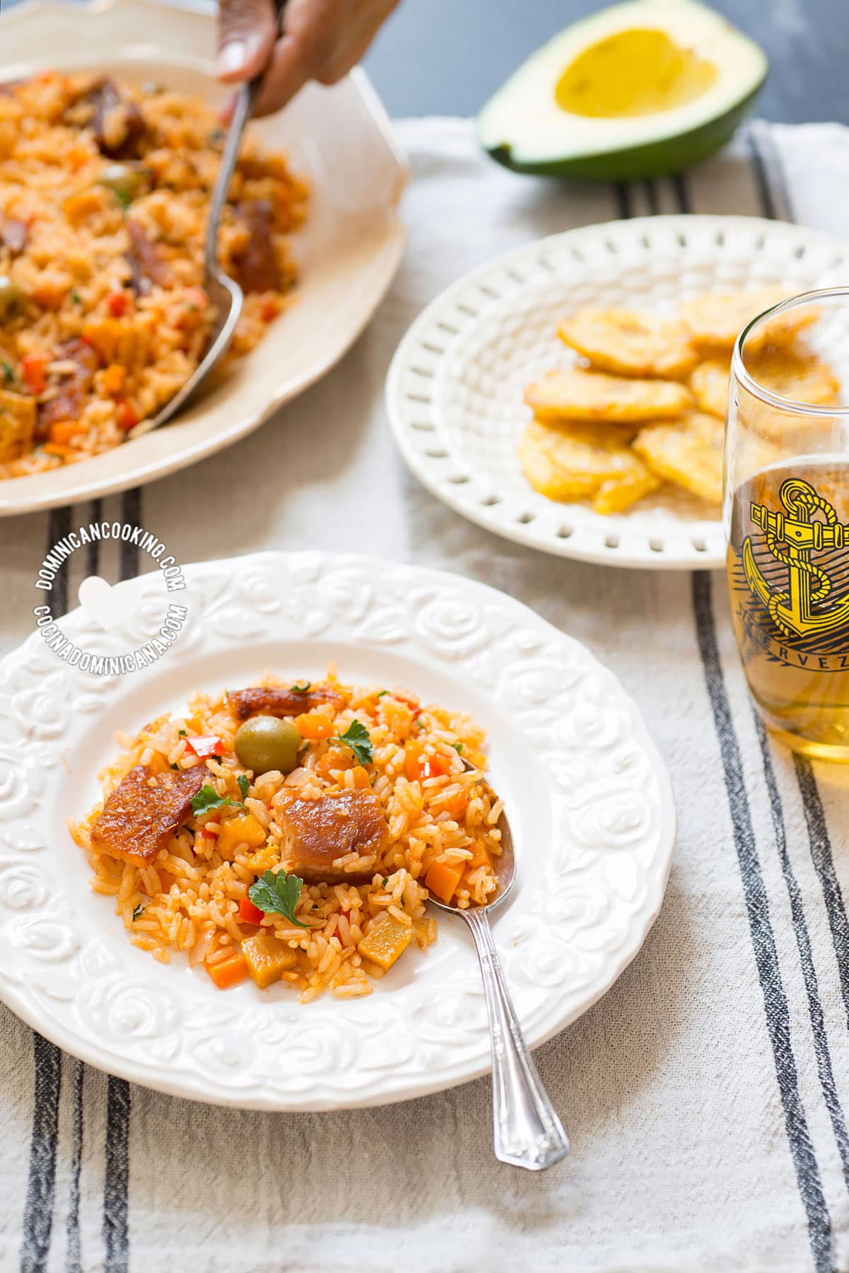 Plates with Locrio de Chicharrón de Cerdo (Rice and Pork Crackling)