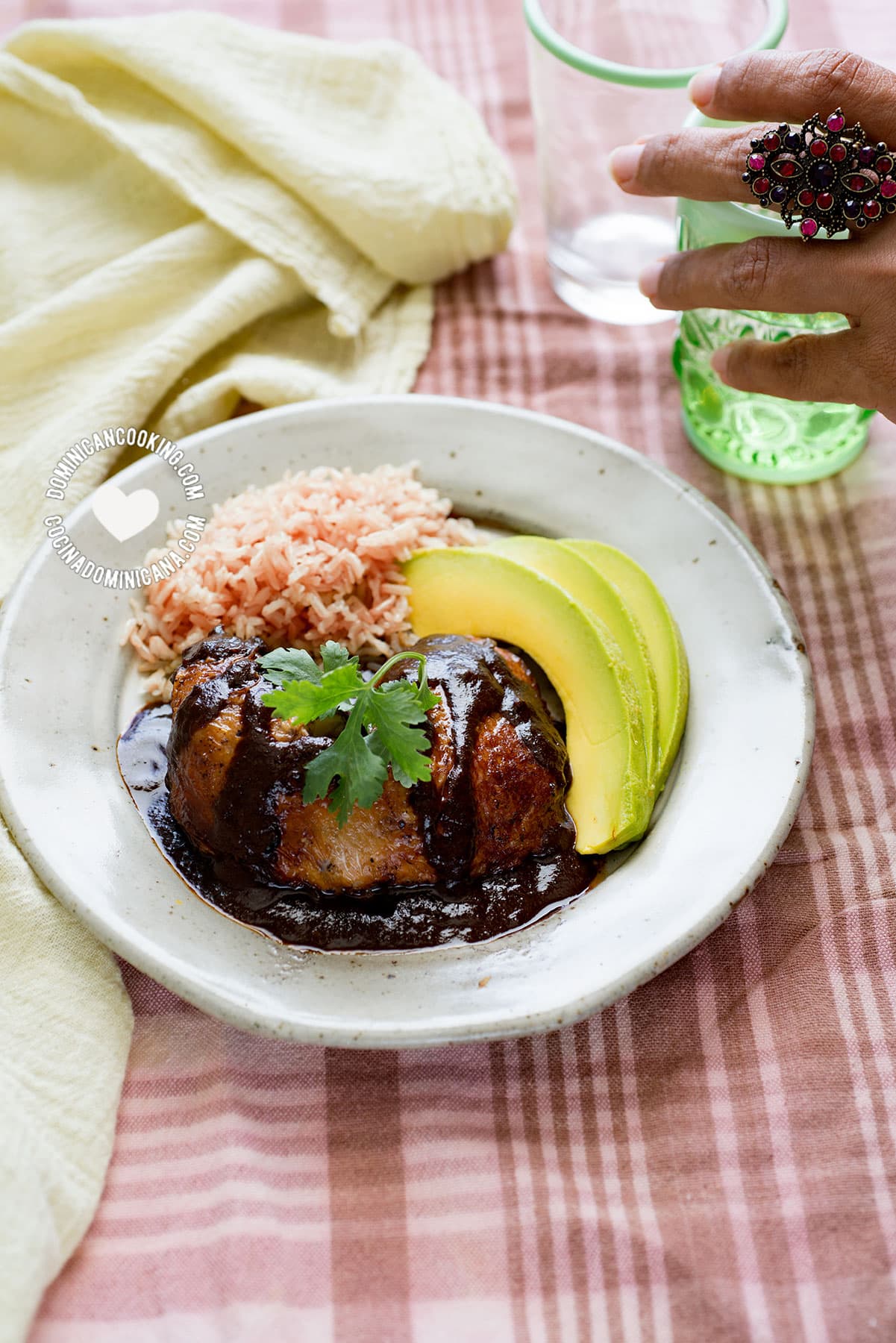 Pollo con mole negro, aguacate y arroz rojo