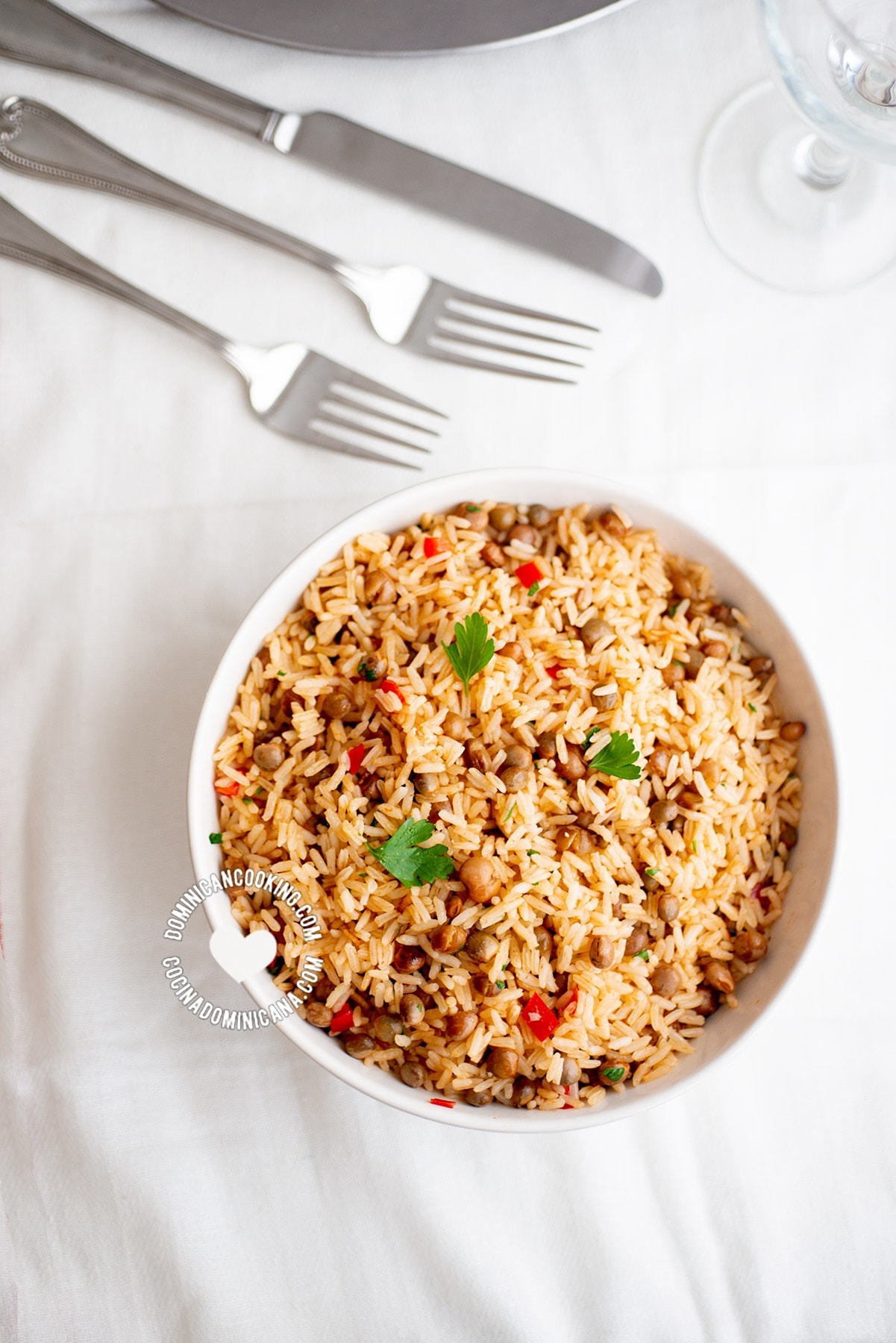 bowl with moro de guandules y coco (rice with pigeon peas and coconut)