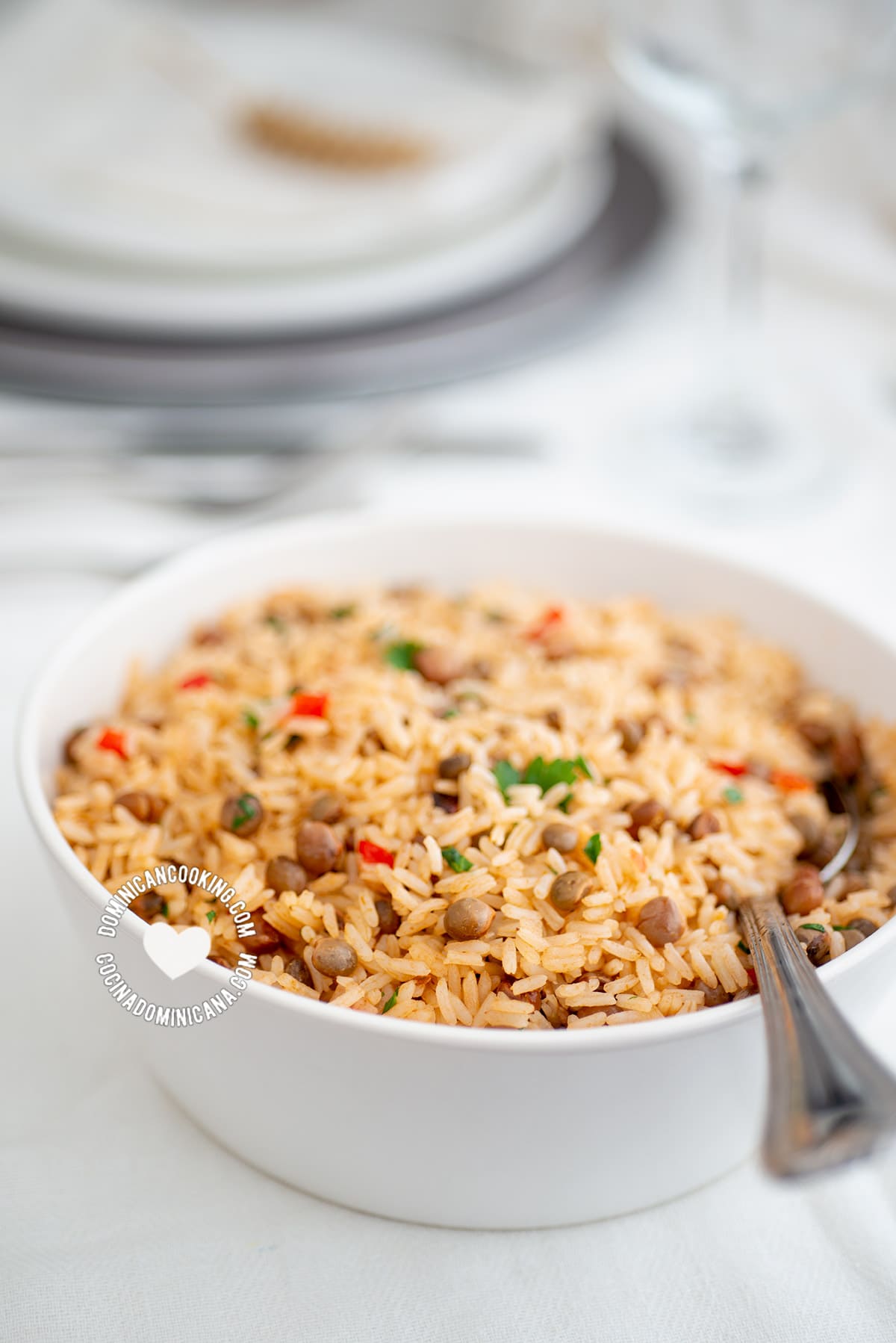 bowl with moro de guandules y coco (rice with pigeon peas and coconut)