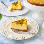 Passion Fruit Cheesecake and Fruits on Table