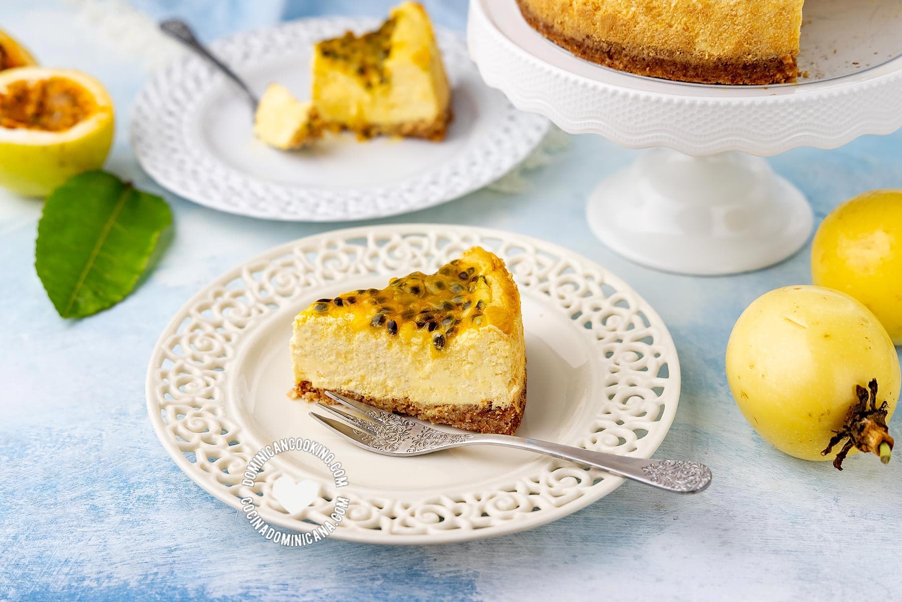 Passion Fruit Cheesecake and Fruits on Table