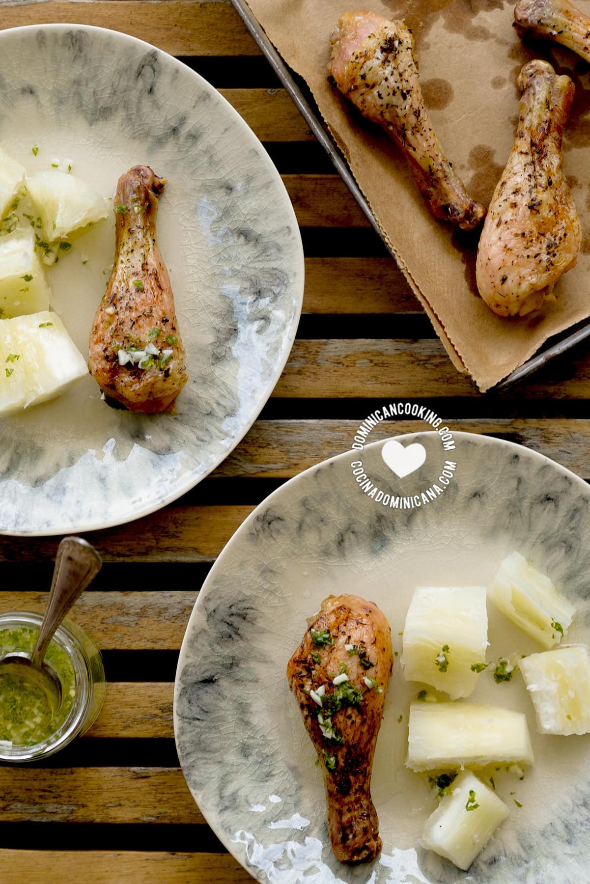 Pollo con Wasakaka (Roasted Chicken with Garlic Sauce) and boiled yuca