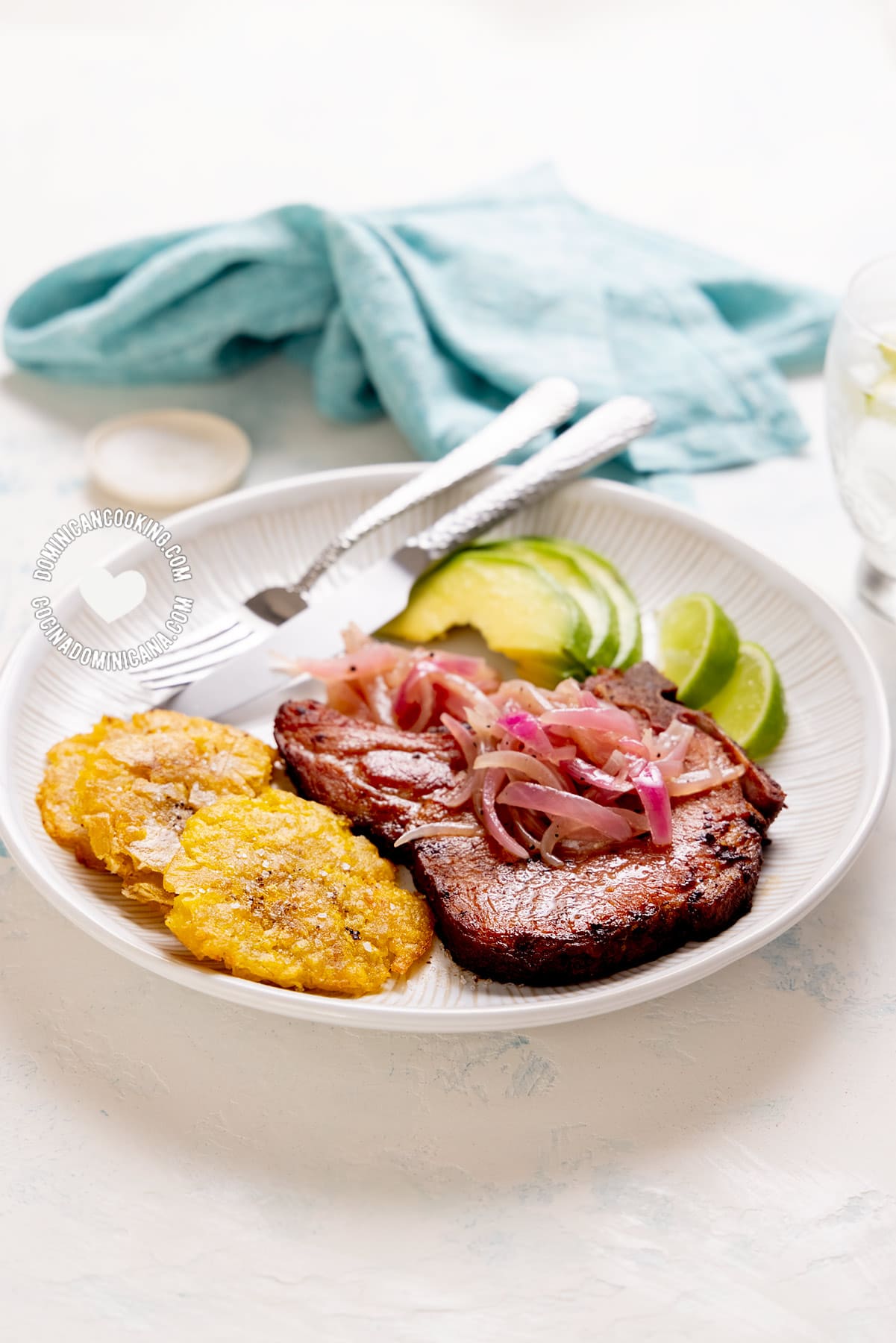 Chuletas Fritas (Dominican Fried Smoked Pork Chops) with Tostones and Avocado