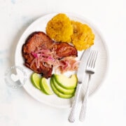 Chuletas Fritas (Dominican Fried Smoked Pork Chops) with Tostones and Avocado