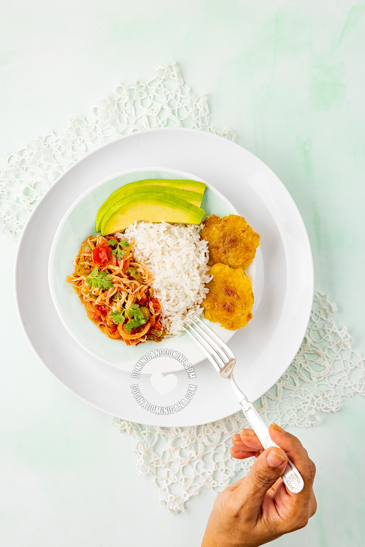 Repollo Guisado (Stewed Cabbage) served with rice and avocado