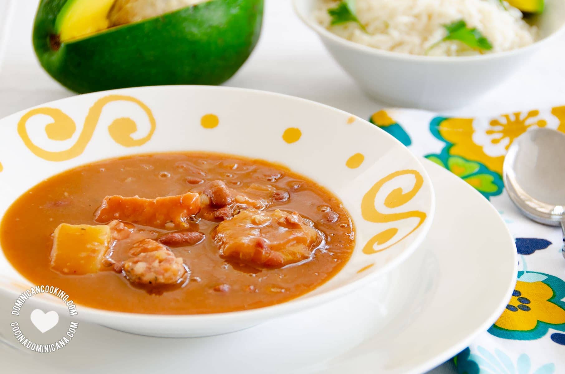 Sancocho de Habichuelas or Sopión or Zambumbio (Sweet & Spicy Bean Stew) Served with Rice and Avocado