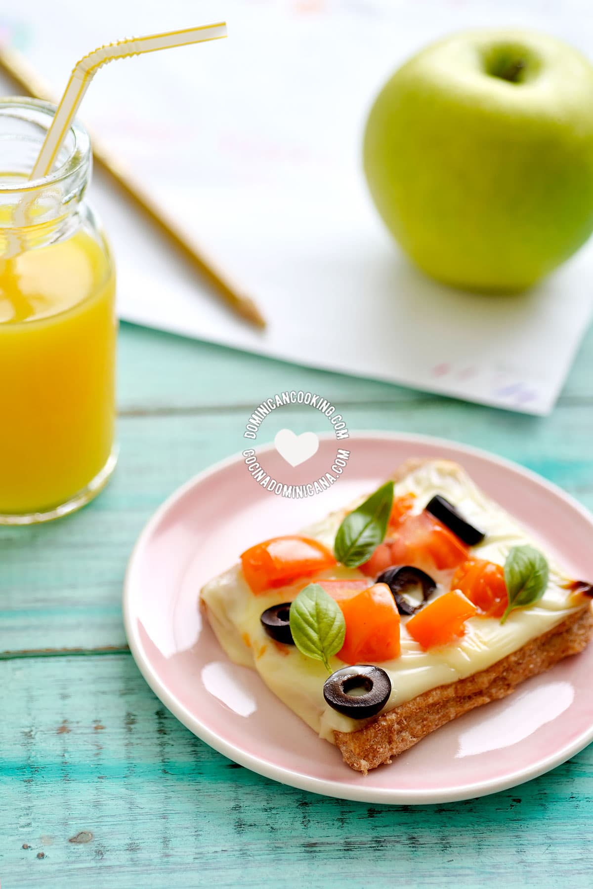 Whole Wheat Cheese and Veggies Tartlet Served with juice and an apple