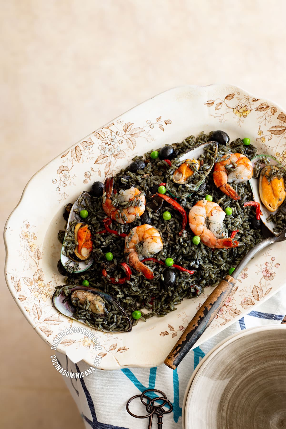 Plate of Spanish Seafood Black Rice with Shrimp and Shellfish