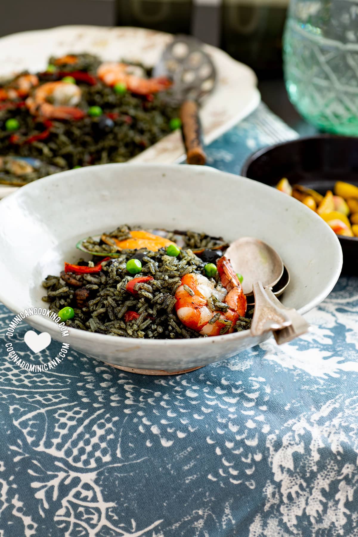 Plate of Spanish Seafood Black Rice with Shrimp and Shellfish