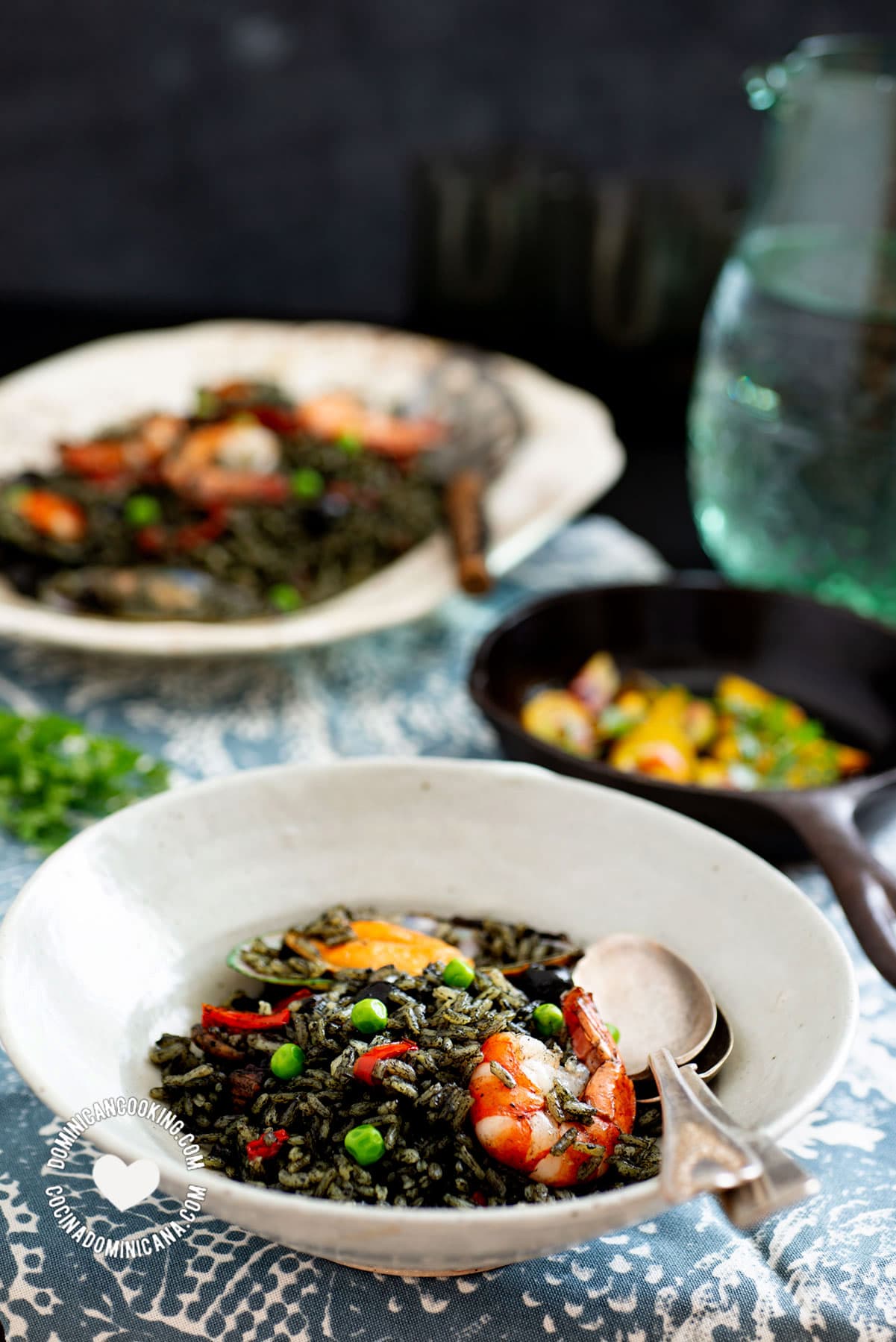 Plate of Spanish Seafood Black Rice with Shrimp and Shellfish