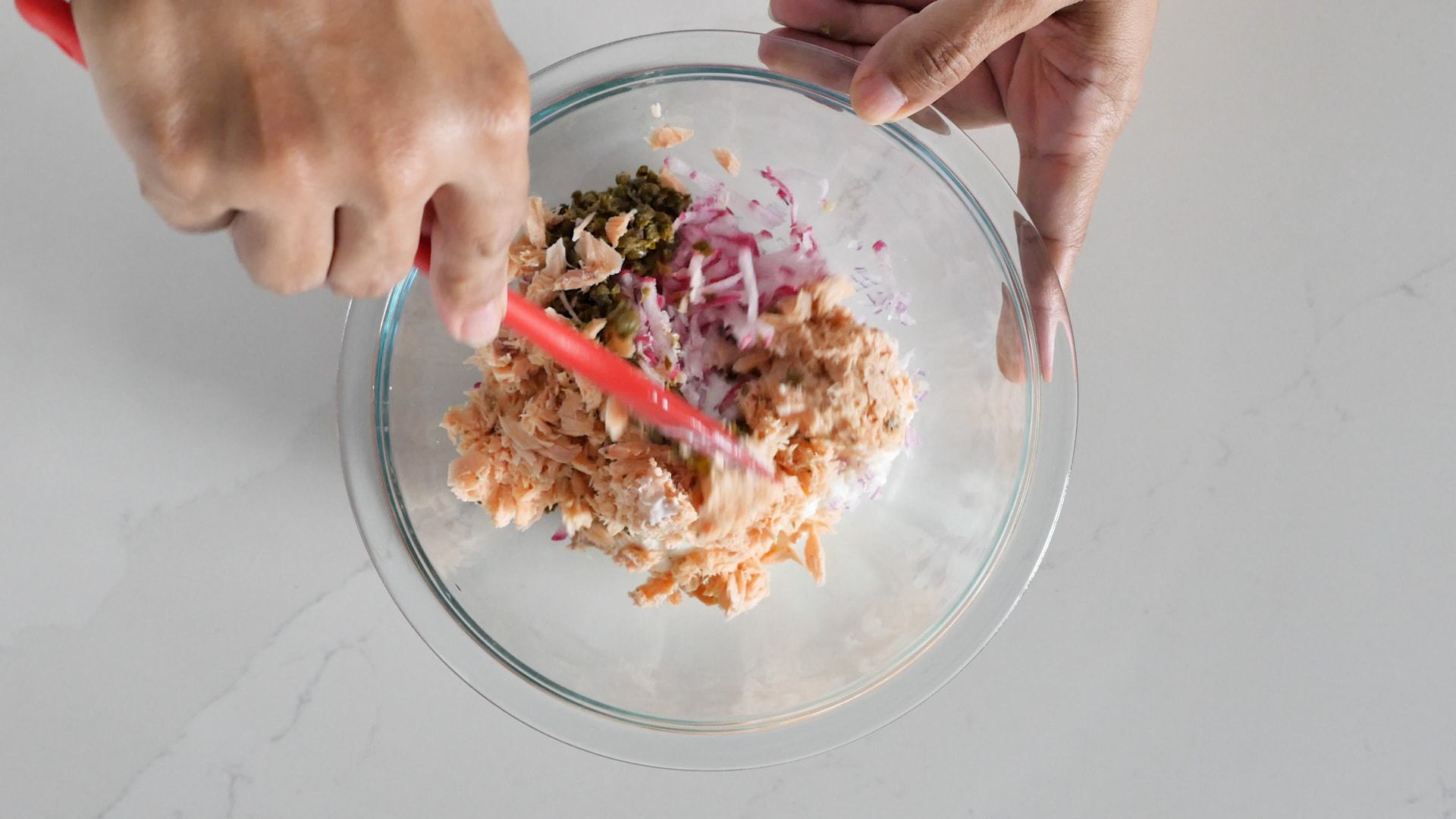 Mixing ingredients for tuna dip