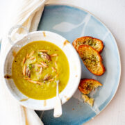 Bowl of Vegan Cream of Asparagus Soup with Toasted Bread