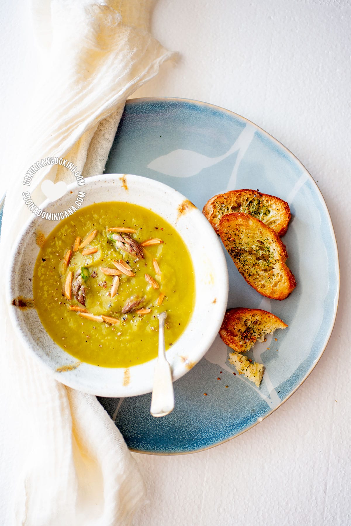 Bowl of Vegan Cream of Asparagus Soup with Toasted Bread