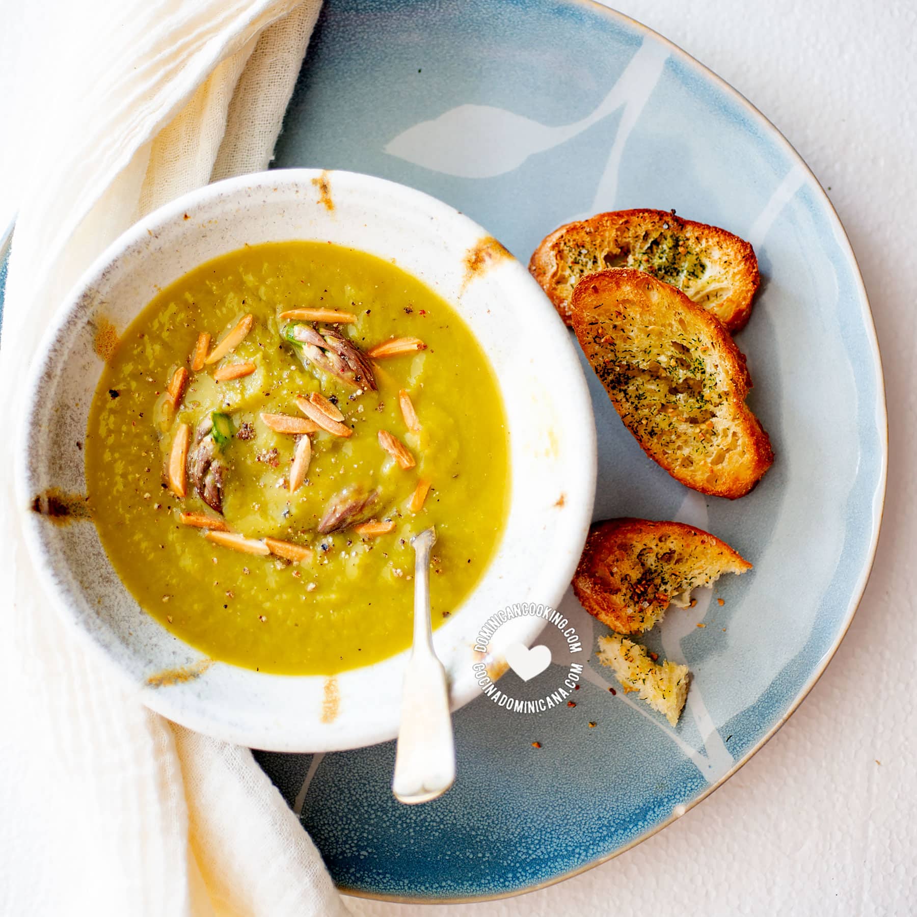 Bowl of Vegan Cream of Asparagus Soup with Toasted Bread