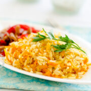 Arroz Amarillo Served with Meat (Carrot and Onions Yellow Rice)