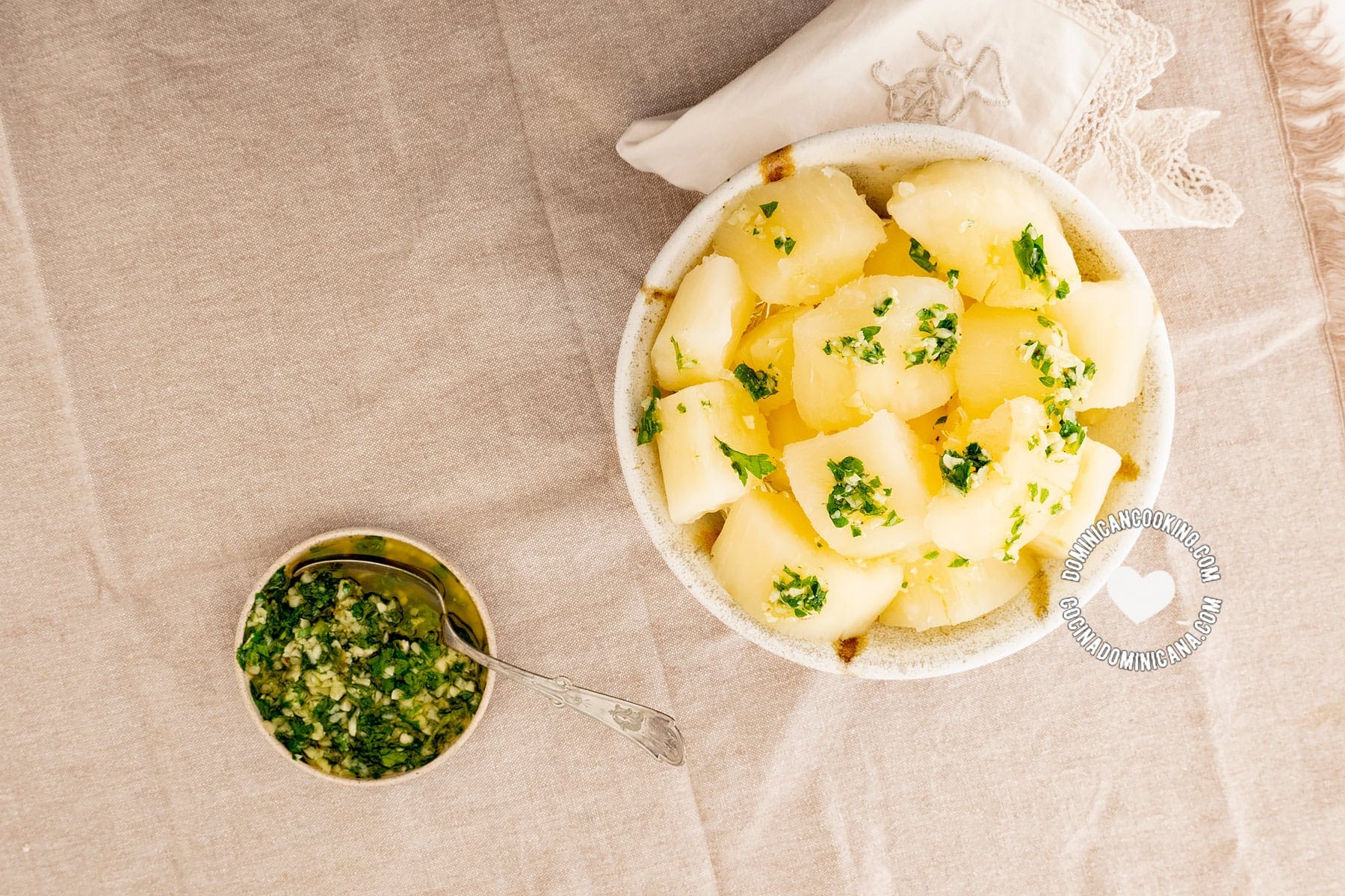 Boiled yuca with mojo de ajo